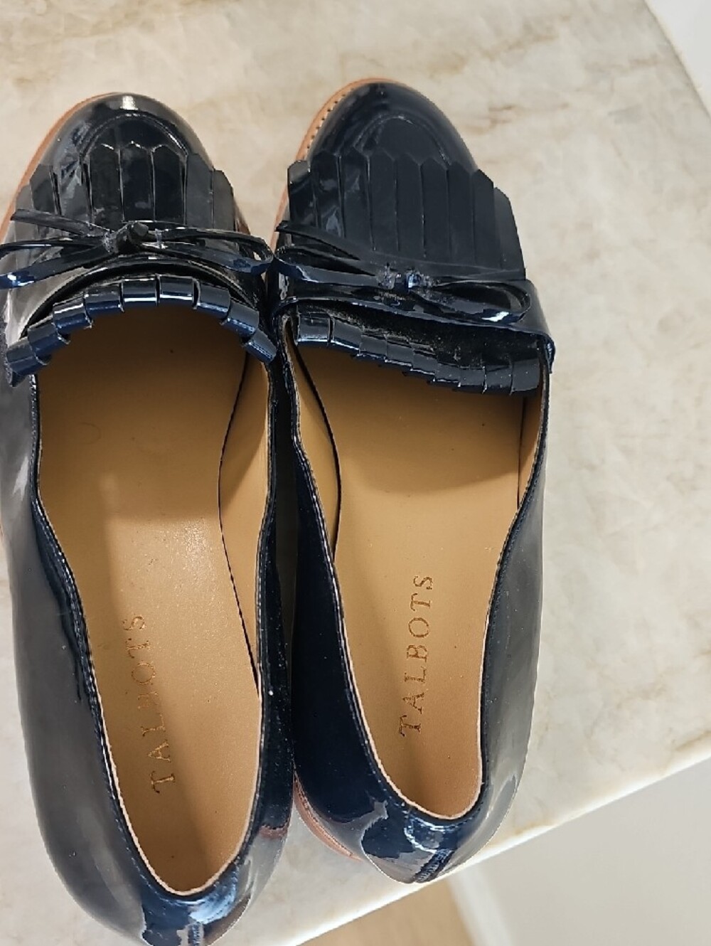Talbots Navy Patent Leather Kiltie Tie Loafers - Picture 4 of 6